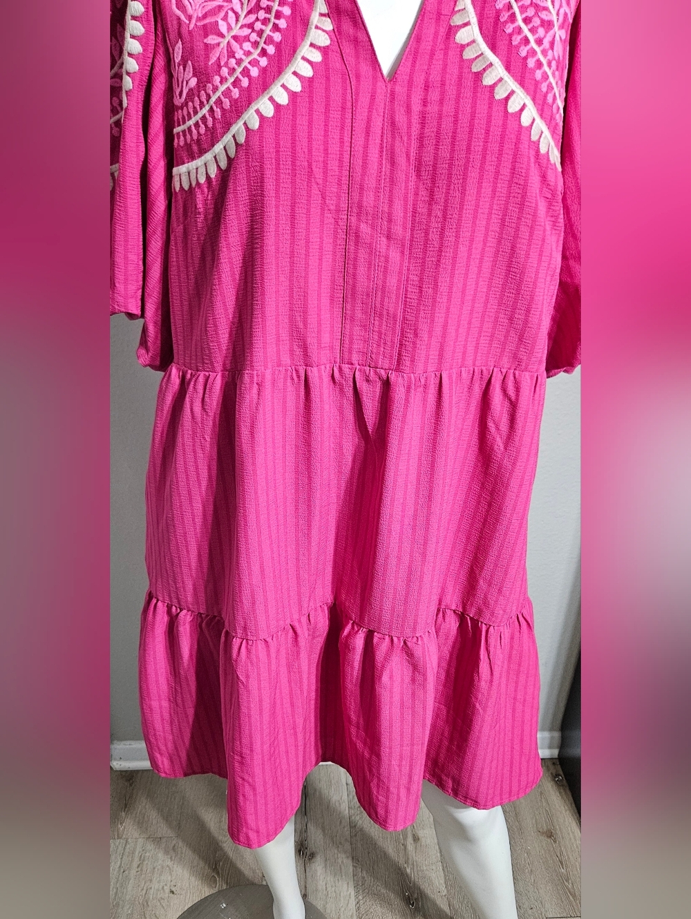 THML Embroidered detail frill V neck puff sleeve Tiered Dress size XL - Picture 7 of 14